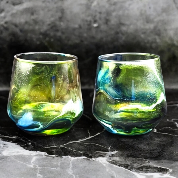 Hand Crafted Other - (2) Handmade Olive,Navy Blue and White/13oz Stemless Cadamada Wine Glasses